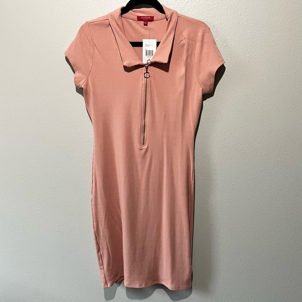 GUESS NWT Pink Coral Collared Short Sleeve Zip-Up Dress Size XL